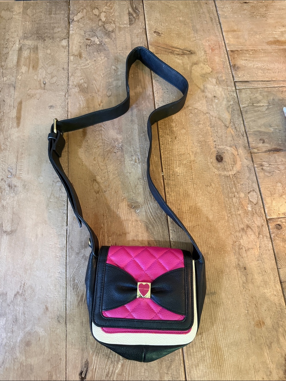 Betsey Johnson Pink, Black & Cream Quilted Bow Crossbody Bag